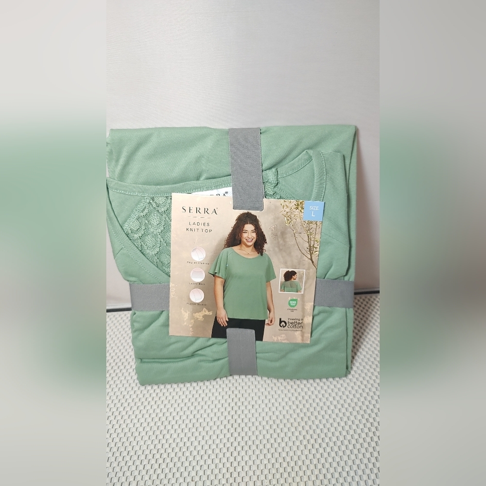 Serra Women's Size L (12-14) Knit Top Short Sleeve Green Aldi NWT